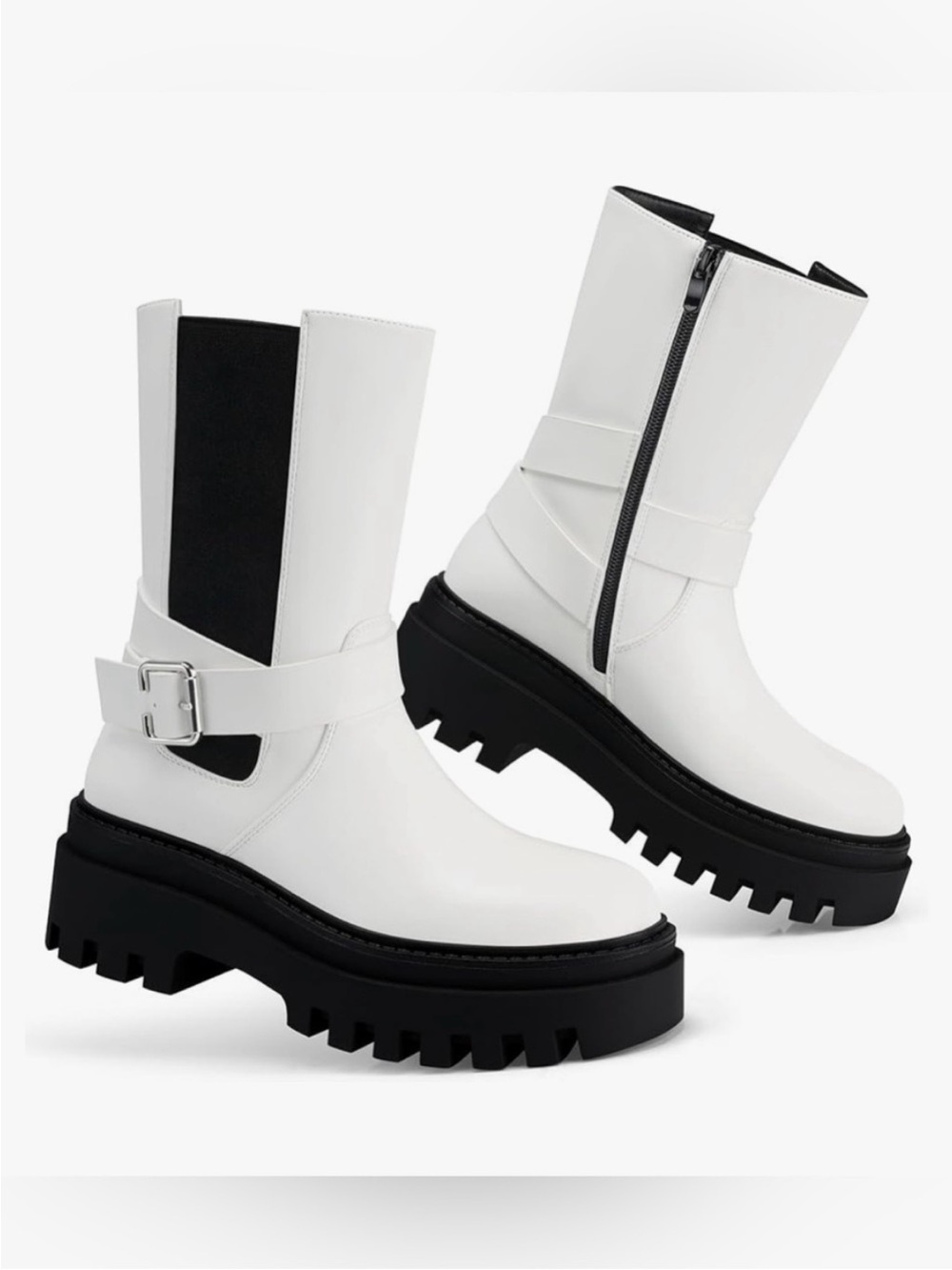 White Lug-Sole Mid-Calf Buckle Boots